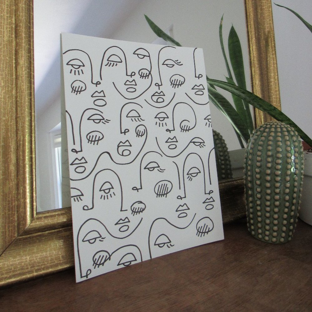 Abstract Modern Line Drawing Art Faces Black White